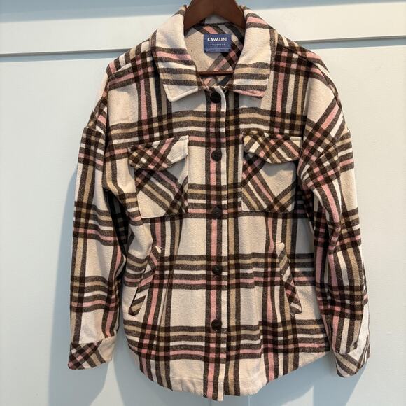 CAVALINI Tops - Cavalini Jacket Women Medium Brown Pink Cream Plaid Shacket Button Pockets Fall‎